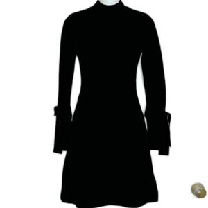 DESIGNER KAREN MILLEN BLACK MOCK NECK SWEATER KNIT DRESS TIE SLEEVES SIZE XS LBD